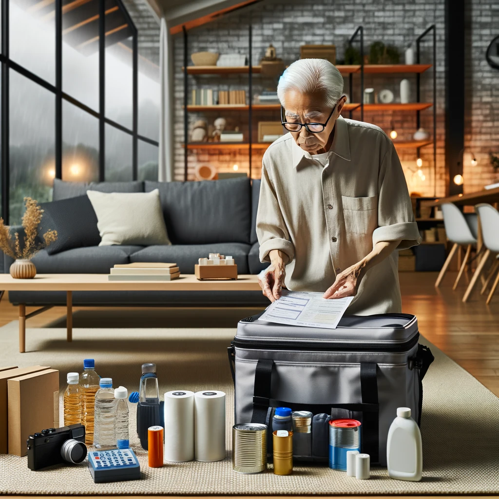 An elderly Japanese person preparing a disaster emergency kit in their living room. The room is styled with modern 2020s decor, featuring sleek furniture and contemporary design. The emergency kit includes items such as a flashlight, batteries, a portable radio, canned food, bottled water, and personal medication. The elderly person is carefully checking each item off a list, ensuring everything needed for disaster preparedness is included. They are dressed in comfortable, modern casual attire, reflecting current trends.