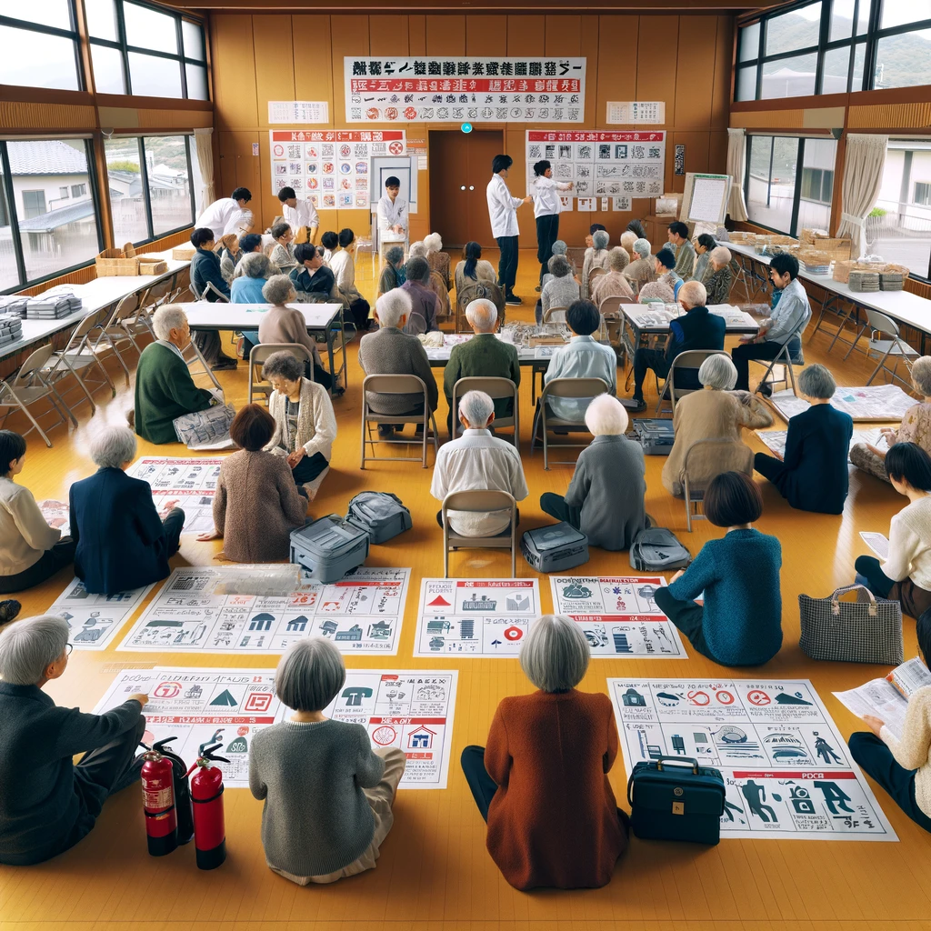A community center in a Japanese neighborhood hosting a disaster preparedness workshop. The scene includes elderly people, adults, and children all participating in learning how to prepare for natural disasters like earthquakes and typhoons. The workshop is set in a modern, well-lit hall with posters on the walls illustrating emergency procedures and safety tips. Participants are engaged in various activities, such as practicing how to use a fire extinguisher, learning to pack an emergency kit, and participating in discussions about evacuation routes. Everyone is dressed in contemporary clothing, reflecting the 2020s fashion.