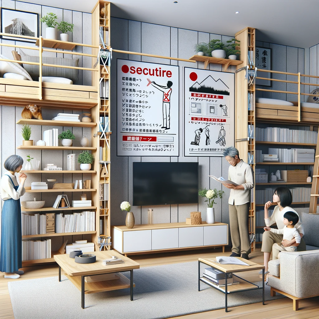 A modern Japanese home interior showing how to secure furniture to the walls to prevent tipping during an earthquake. The image should depict a living room with contemporary furniture, including a bookshelf and a TV stand, both secured with straps and braces. The room should reflect the 2020s style in terms of decor and furniture design, with a focus on safety and minimalism. Include a Japanese family, with an elderly person, a middle-aged person, and a child, reviewing a safety checklist together, indicating a multi-generational approach to disaster preparedness. The family should be dressed in casual, contemporary clothing appropriate for the 2020s.