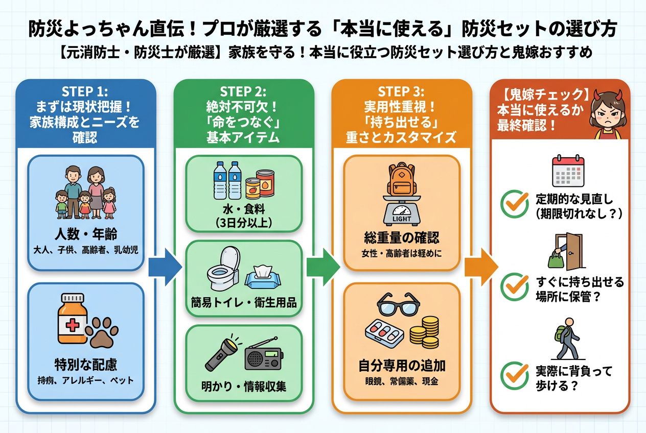 備蓄 防災よっちゃん直伝！プロが厳選する「本当に使える」防災セットの選び方