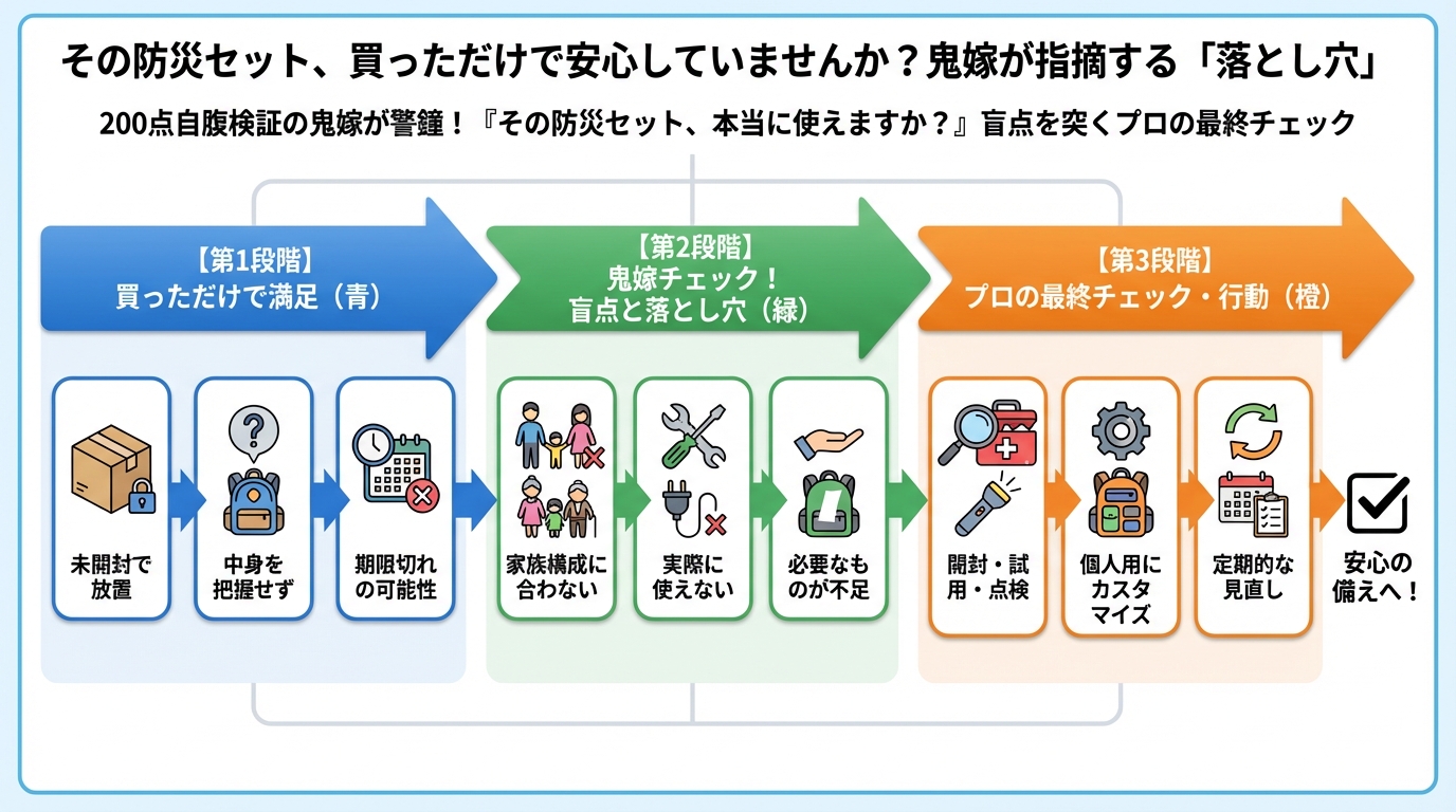 防災グッズ その防災セット、買っただけで安心していませんか？鬼嫁が指摘する'落とし穴'
