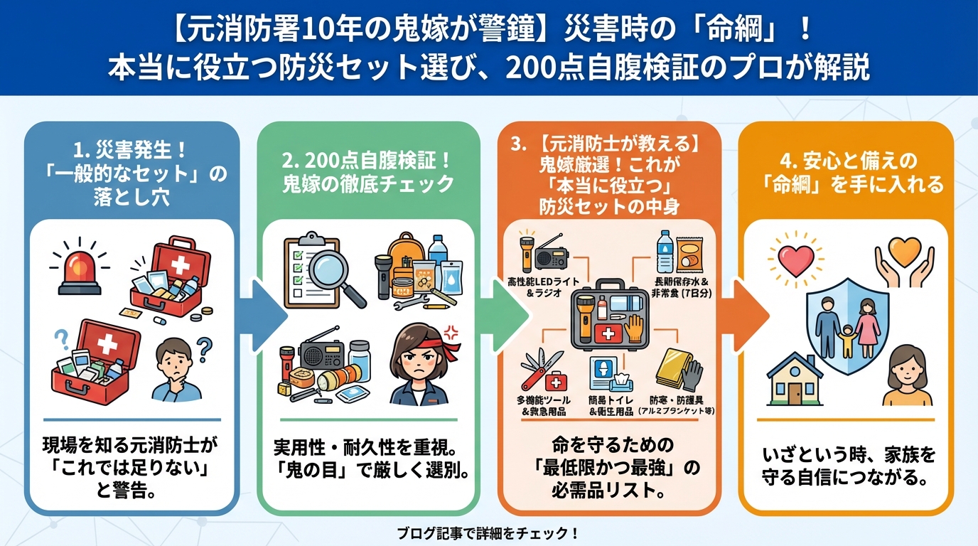 地震対策 【元消防士が教える】鬼嫁厳選！これが「本当に役立つ」防災セットの中身