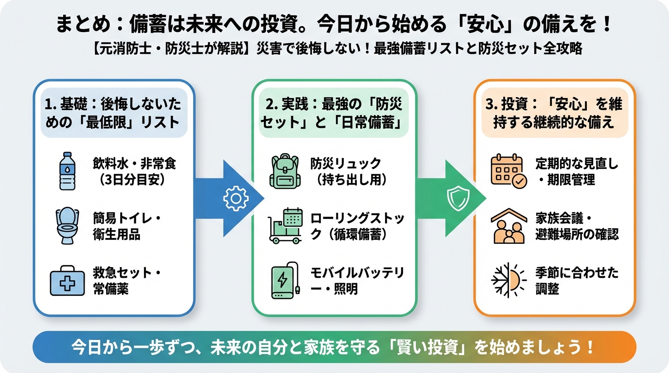 備蓄 まとめ：備蓄は未来への投資。今日から始める「安心」の備えを！