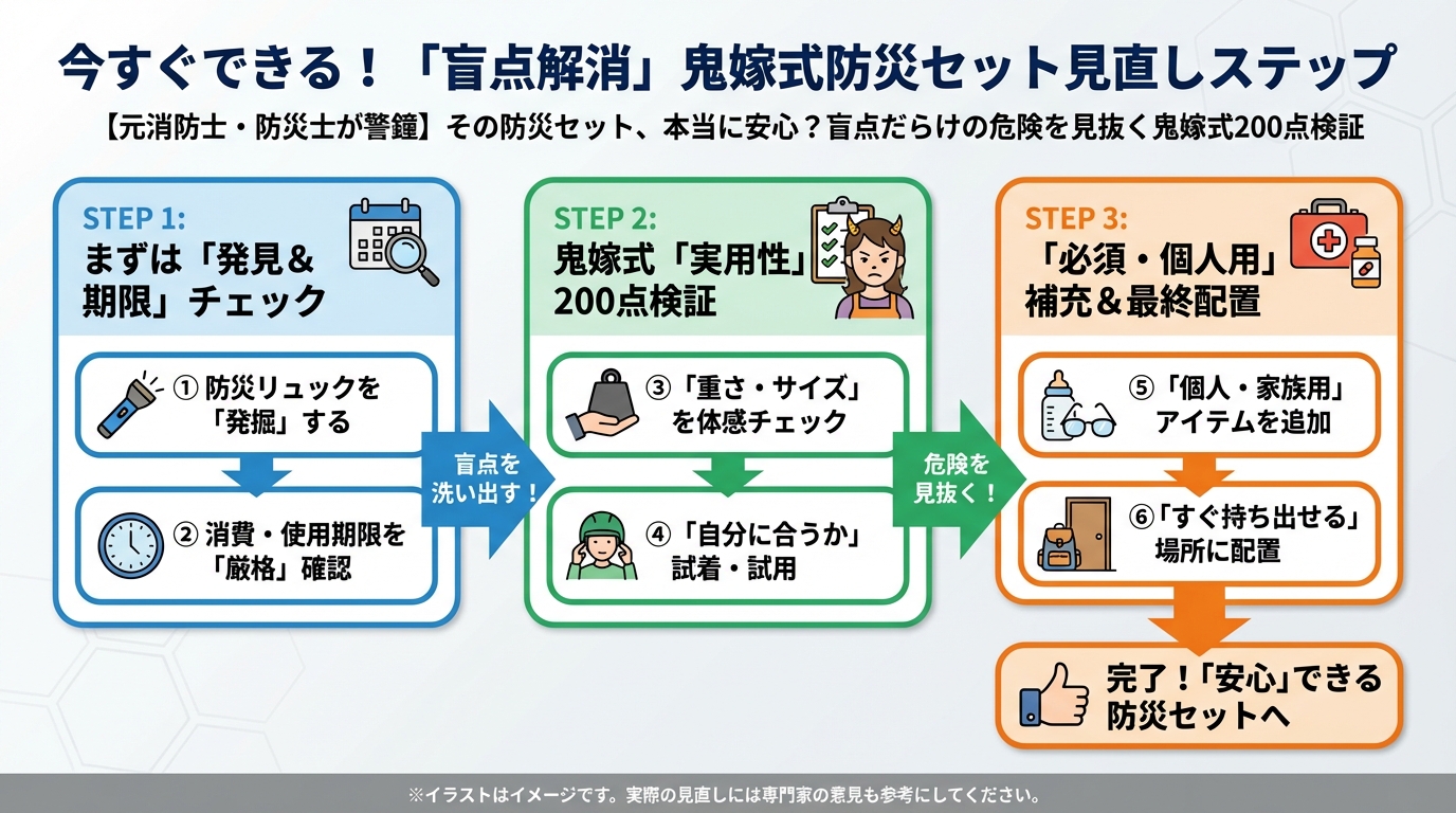 備蓄 今すぐできる！「盲点解消」鬼嫁式防災セット見直しステップ