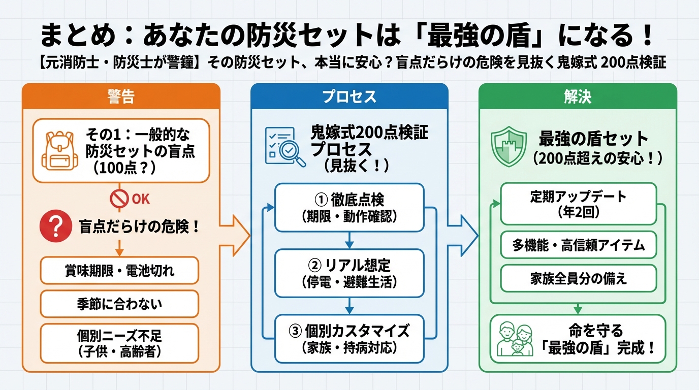 備蓄 まとめ：あなたの防災セットは「最強の盾」になる！