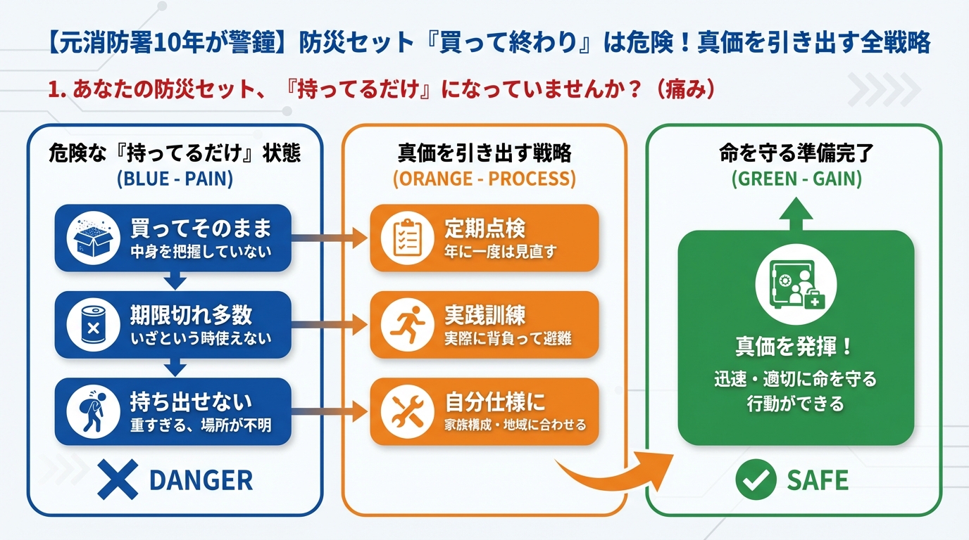 防災グッズ 1. あなたの防災セット、「持ってるだけ」になっていませんか？（痛み）