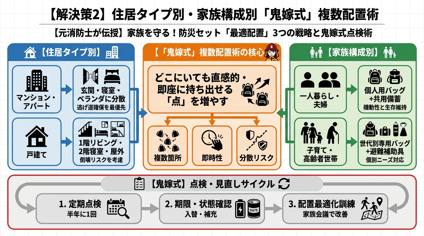地震対策 【解決策2】住居タイプ別・家族構成別「鬼嫁式」複数配置術