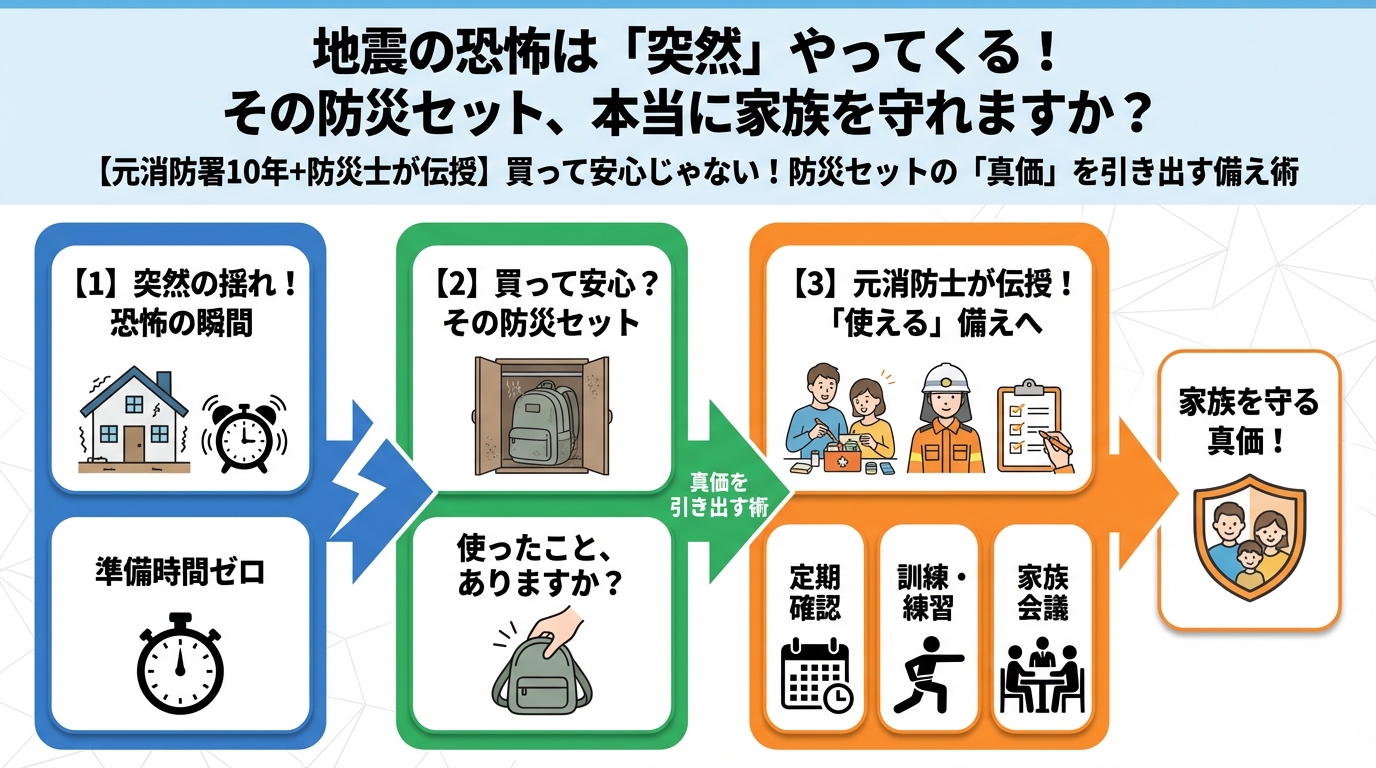 防災グッズ 地震の恐怖は「突然」やってくる！その防災セット、本当に家族を守れますか？