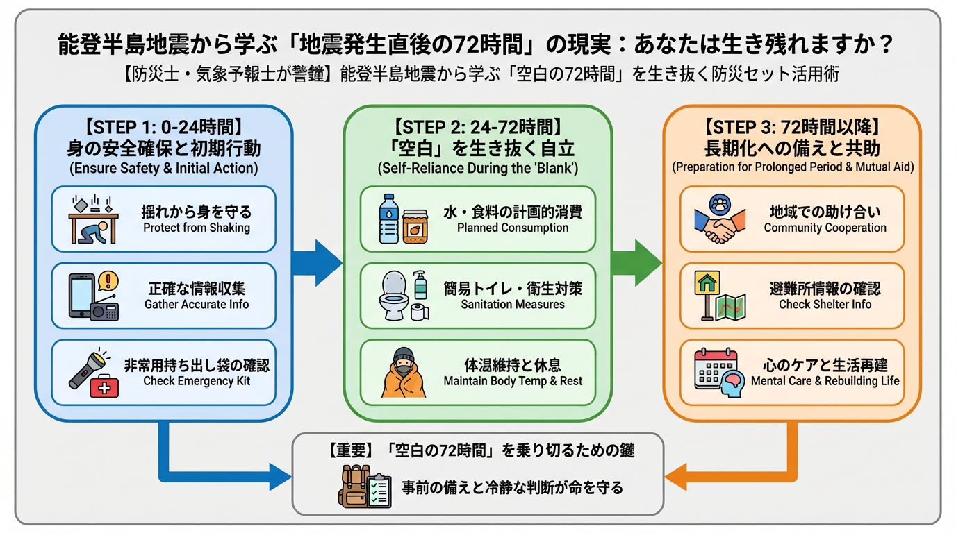 地震対策 能登半島地震から学ぶ「地震発生直後の72時間」の現実：あなたは生き残れますか？