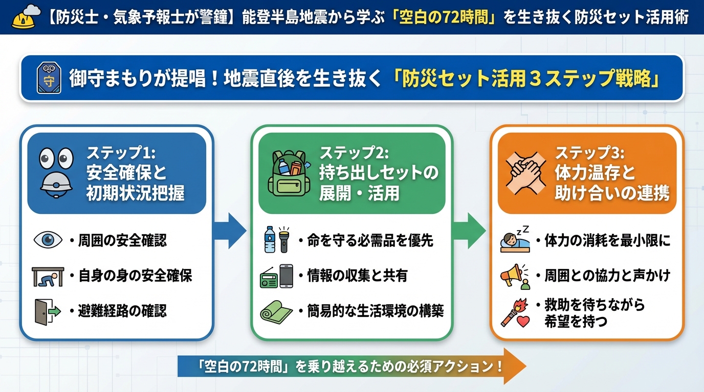 地震対策 御守まもりが提唱！地震直後を生き抜く「防災セット活用３ステップ戦略」