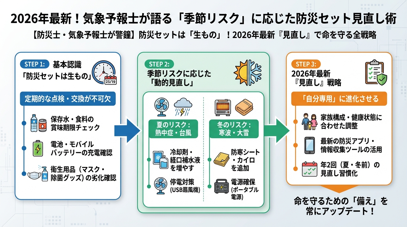 地震対策 2026年最新！気象予報士が語る「季節リスク」に応じた防災セット見直し術