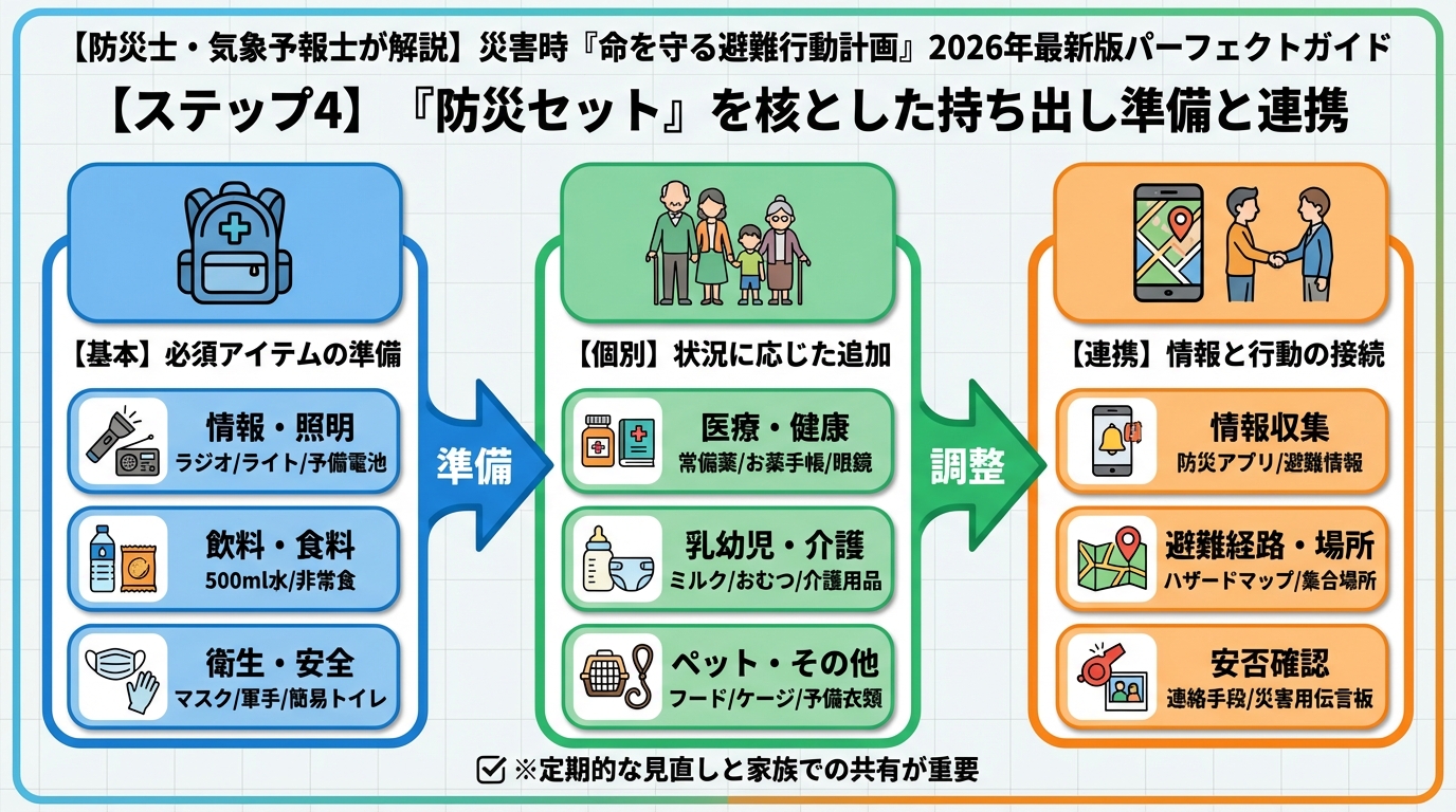 避難計画 【ステップ4】『防災セット』を核とした持ち出し準備と連携