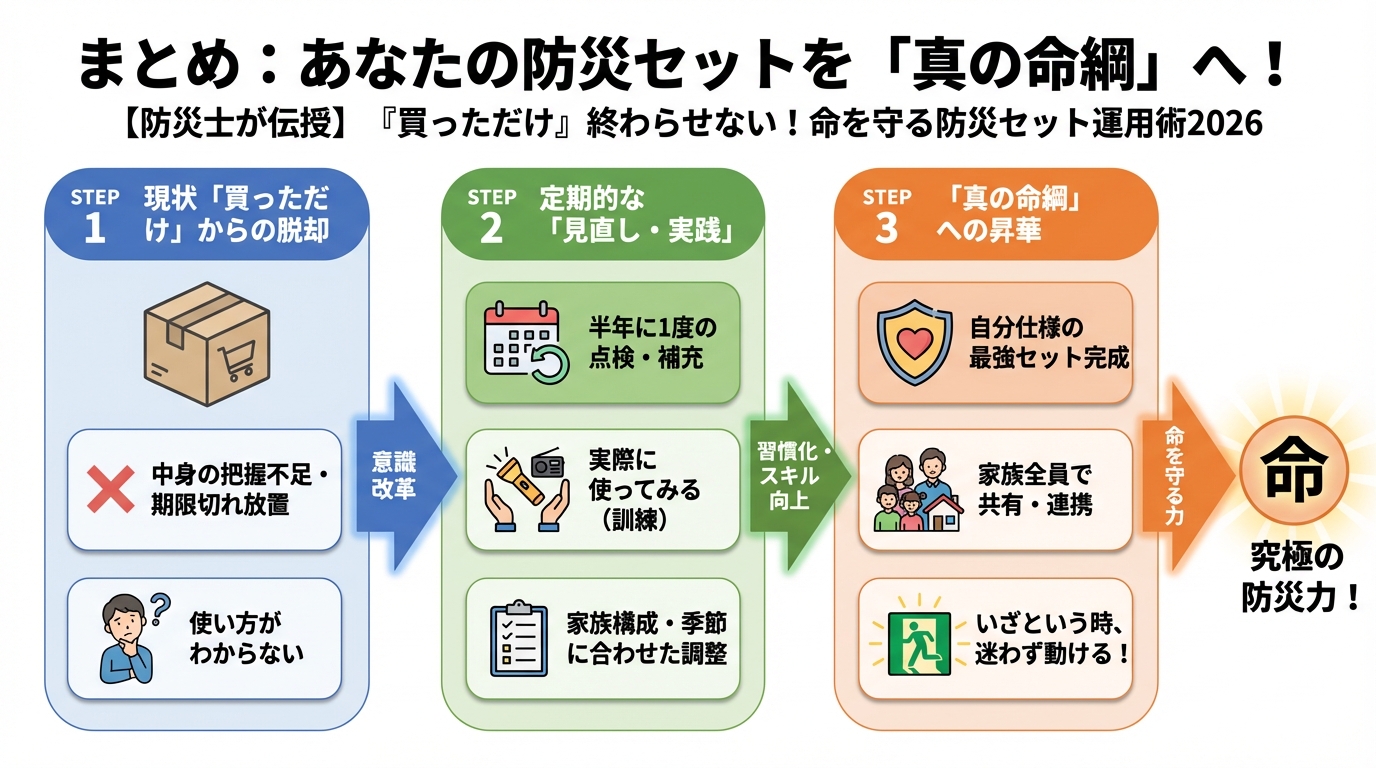 地震対策 まとめ：あなたの防災セットを「真の命綱」へ！