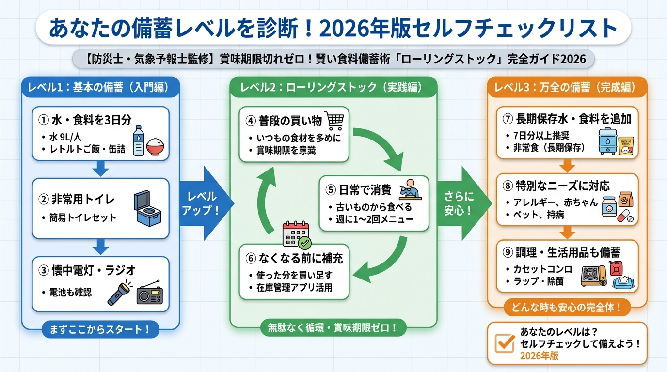 備蓄 あなたの備蓄レベルを診断！2026年版セルフチェックリスト