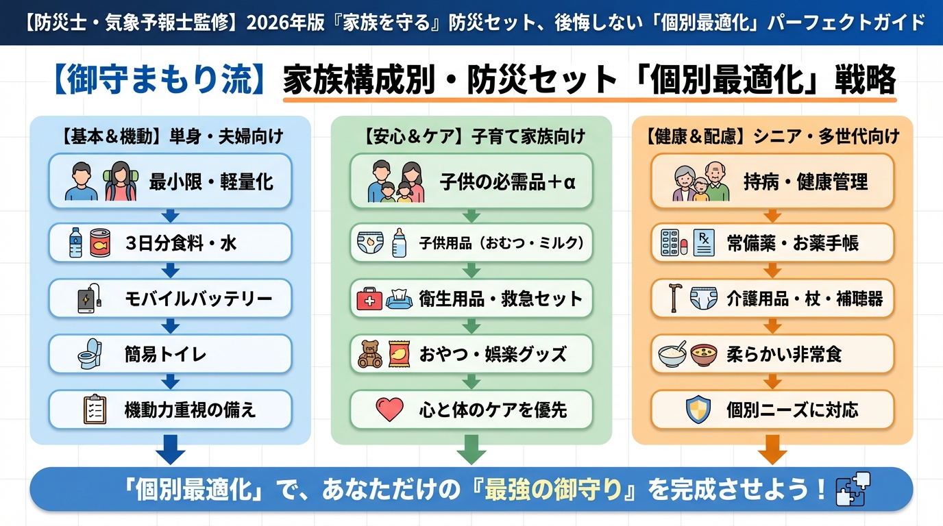 防災グッズ 【御守まもり流】家族構成別・防災セット「個別最適化」戦略