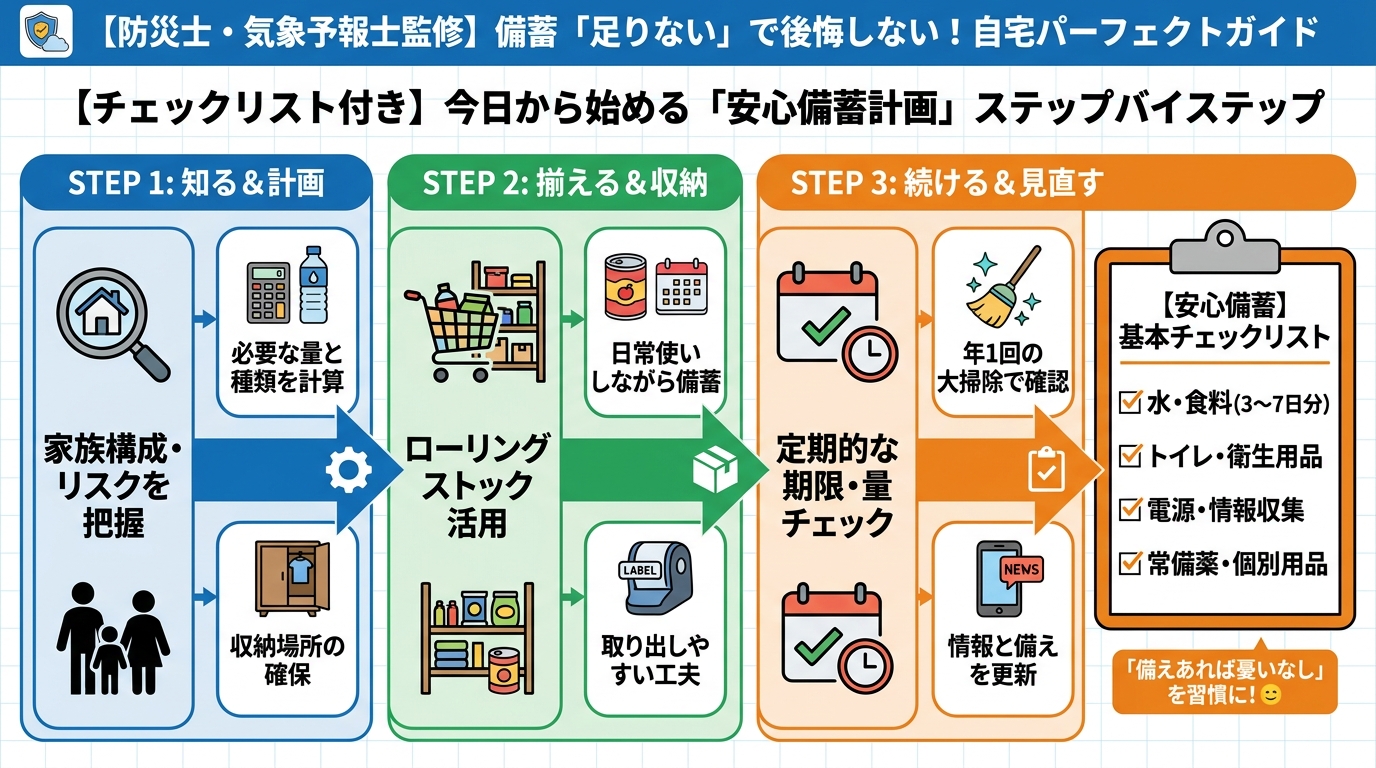 備蓄 【チェックリスト付き】今日から始める「安心備蓄計画」ステップバイステップ