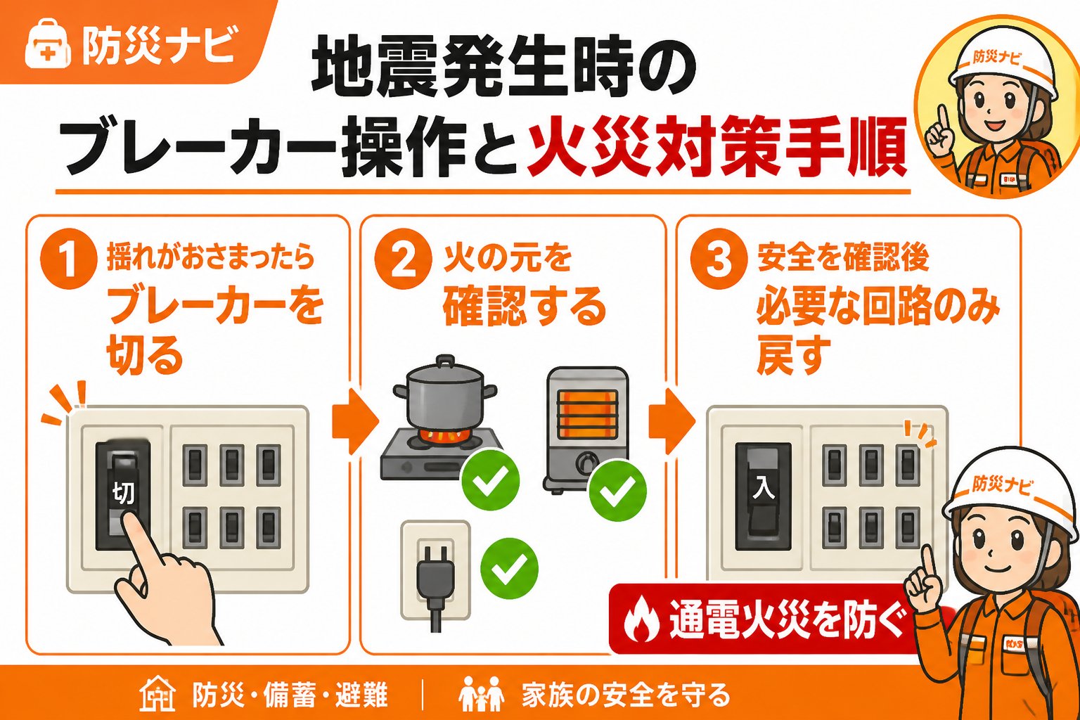 地震対策 地震発生時のブレーカー操作と火災対策手順