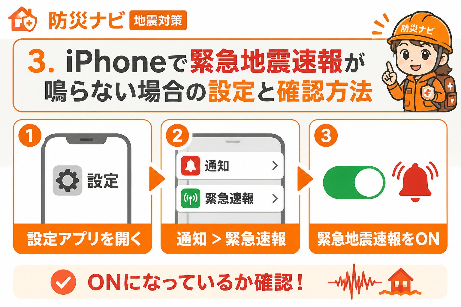 地震対策 3. iPhoneで緊急地震速報が鳴らない場合の設定と確認方法