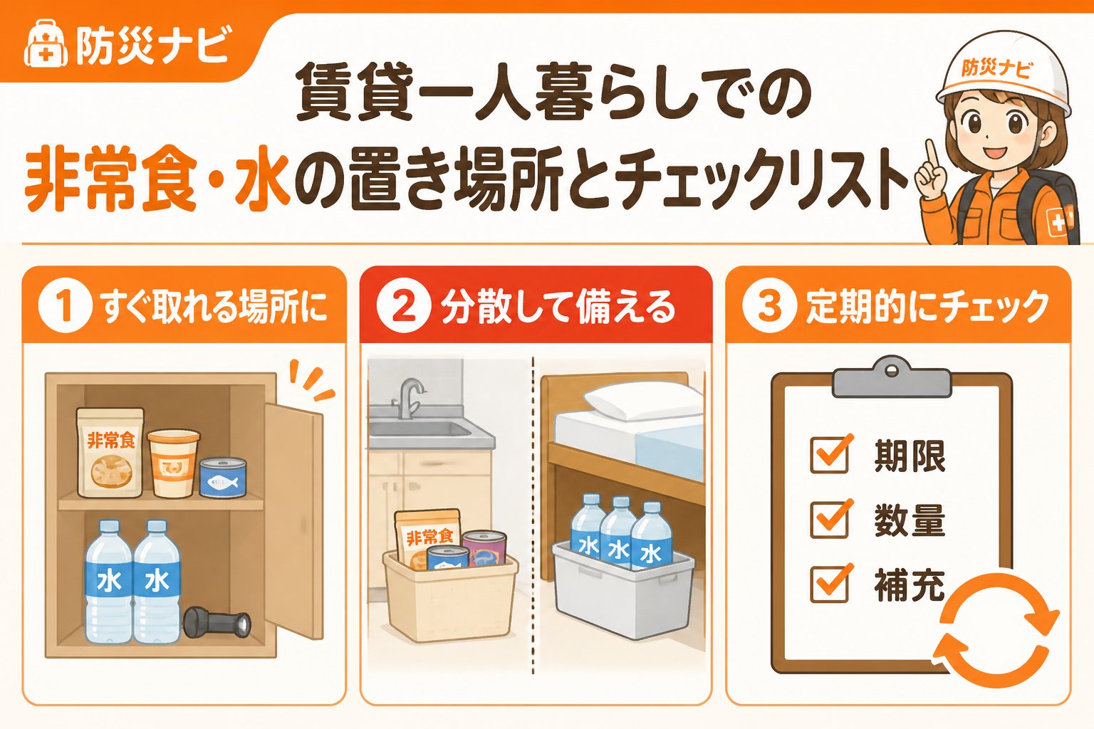 備蓄 賃貸一人暮らしでの非常食・水の置き場所とチェックリスト