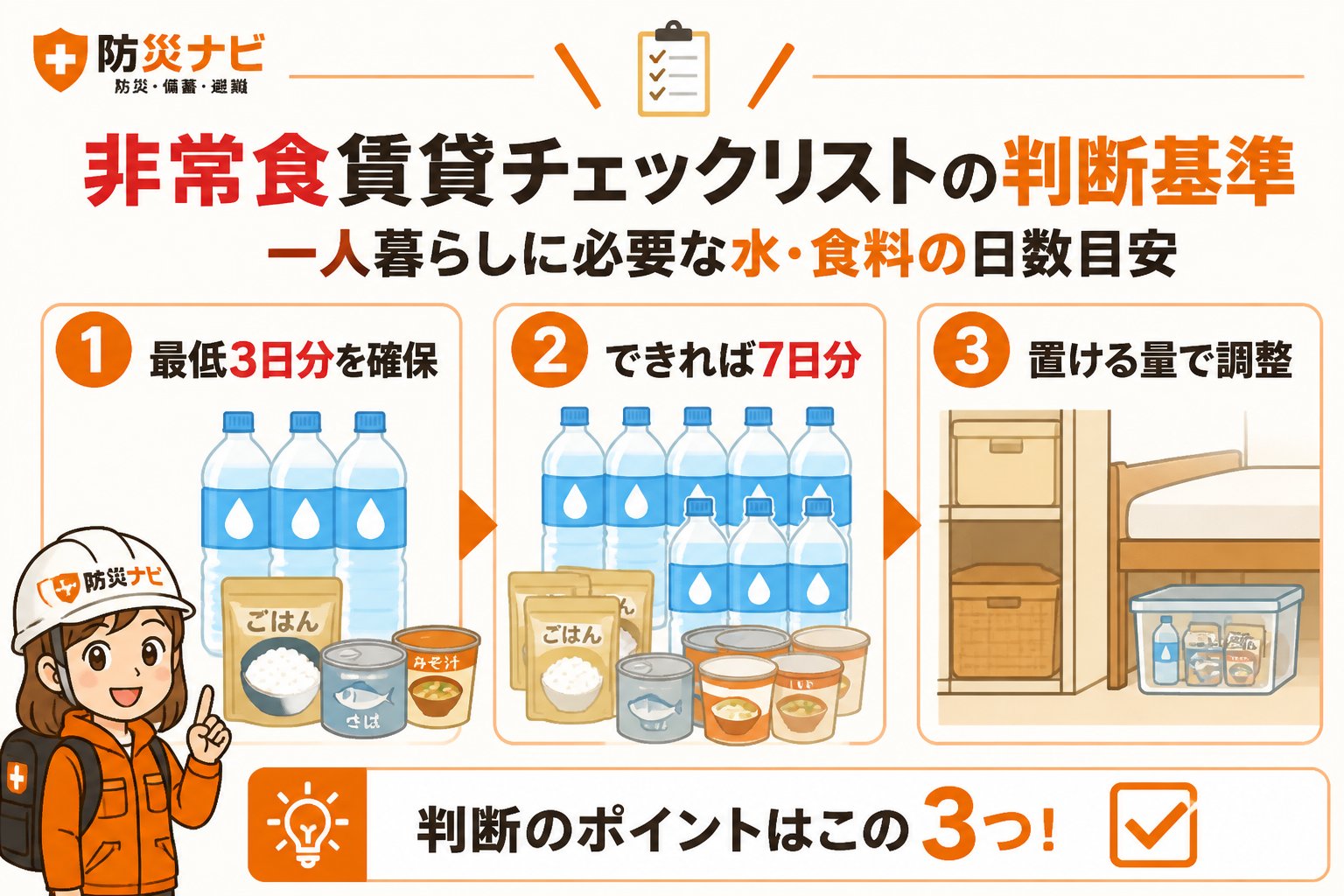備蓄 非常食賃貸チェックリストの判断基準｜一人暮らしに必要な水・食料の日数目安