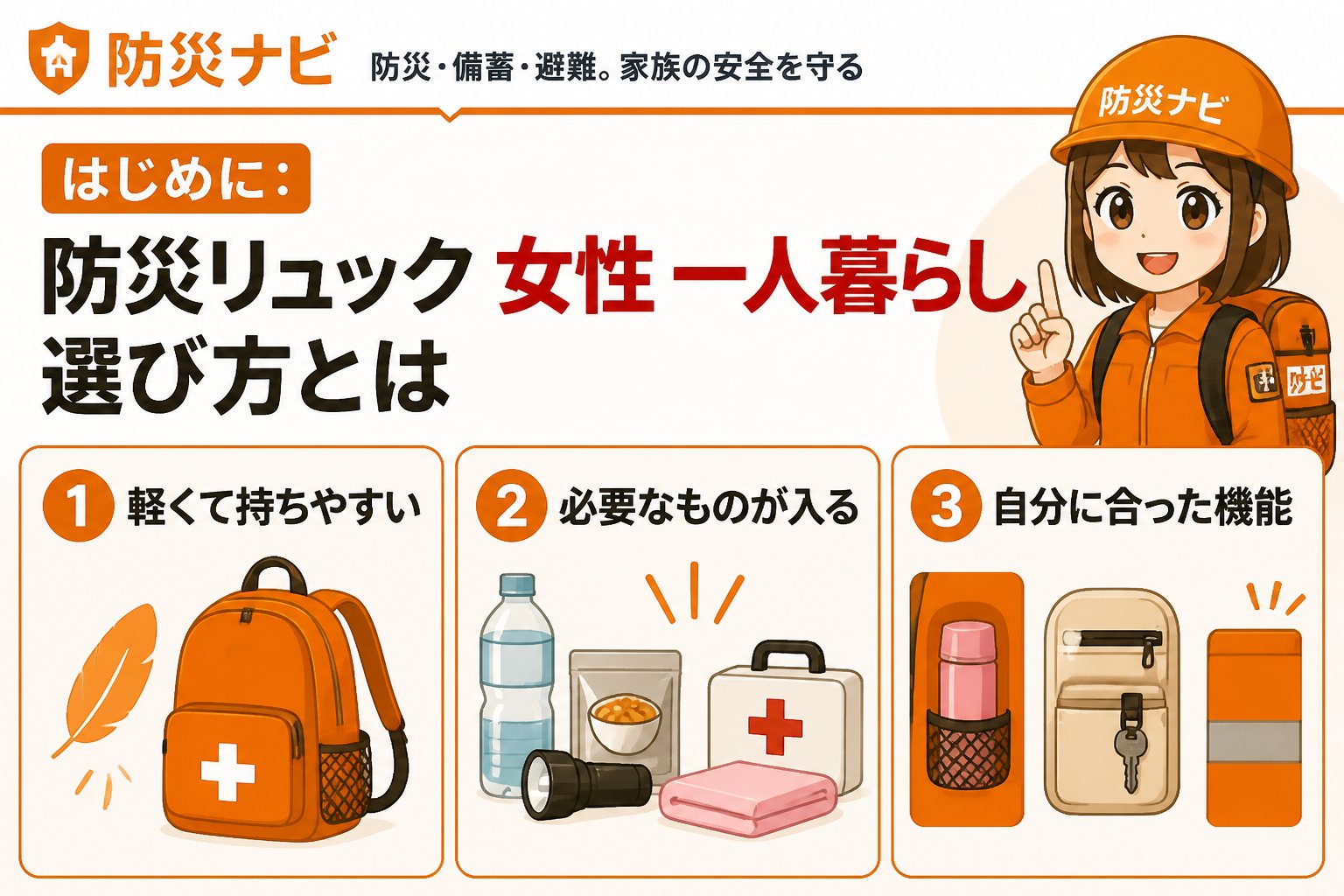 防災グッズ はじめに：防災リュック 女性 一人暮らし 選び方とは