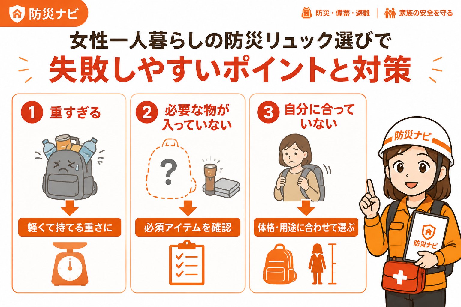 防災グッズ 女性一人暮らしの防災リュック選びで失敗しやすいポイントと対策