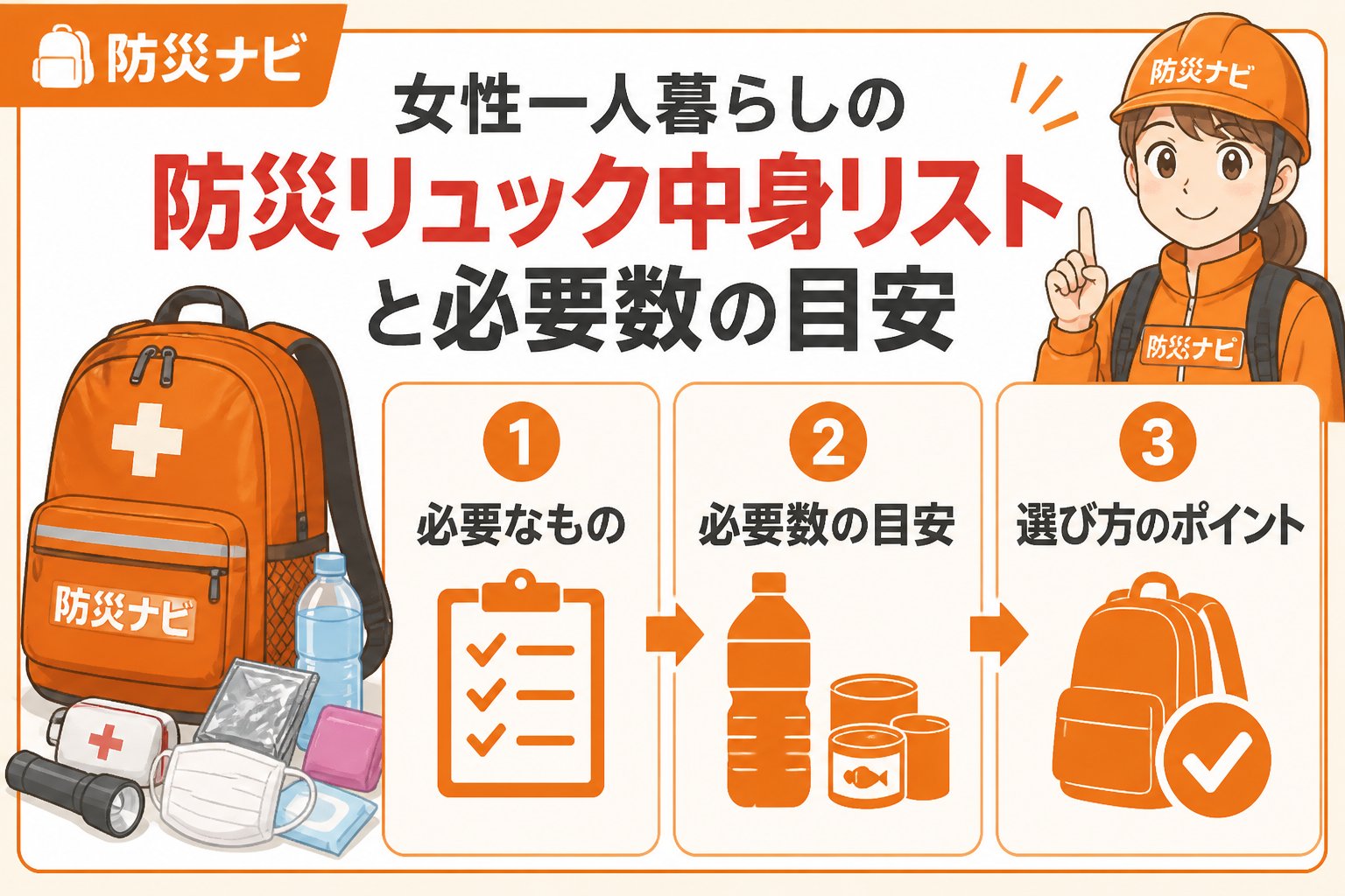 防災グッズ 女性一人暮らしの防災リュック中身リストと必要数の目安