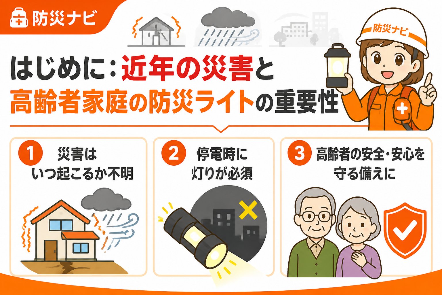 防災グッズ はじめに：近年の災害と高齢者家庭の防災ライトの重要性