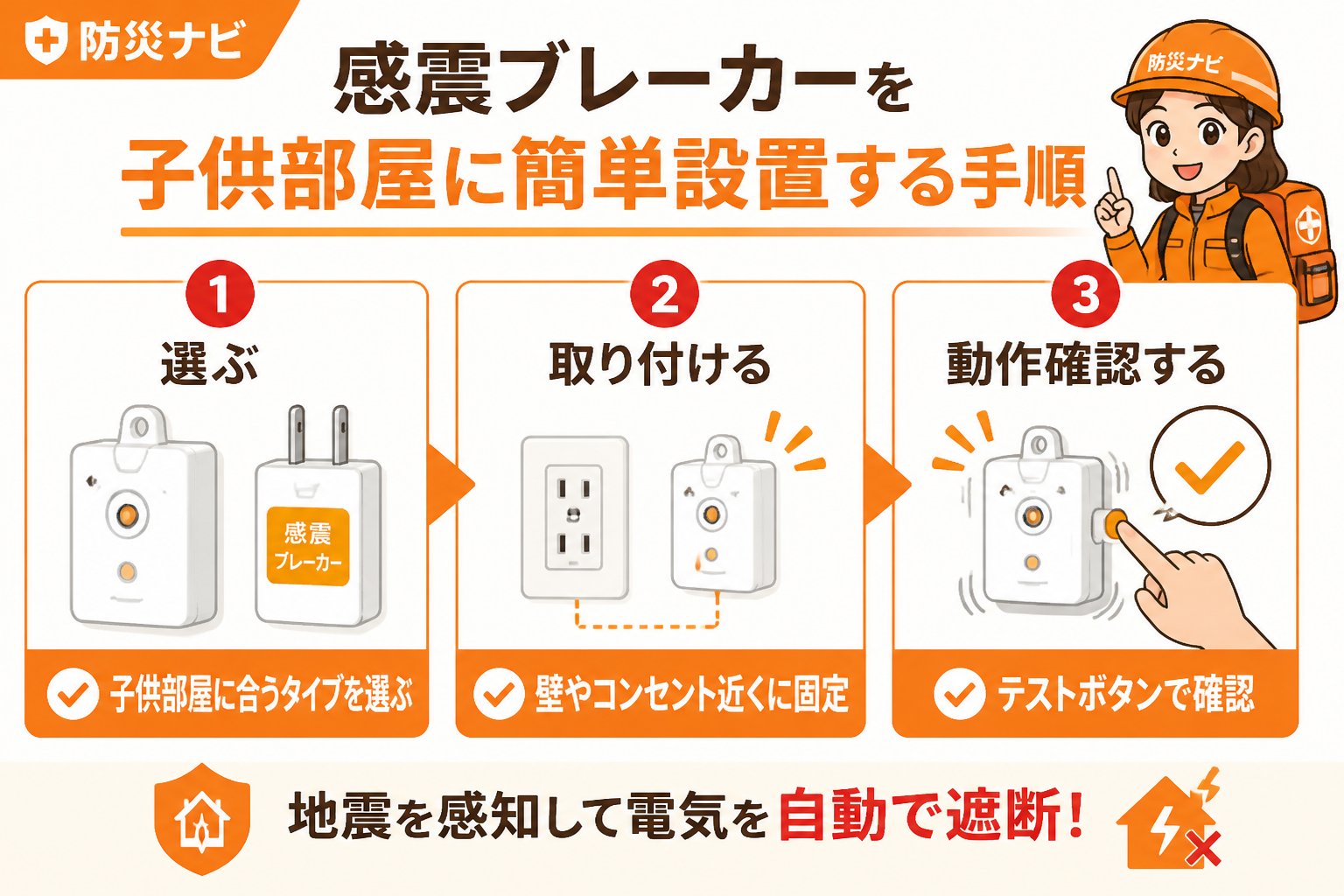 地震対策 感震ブレーカー子供部屋簡単設置の具体的手順