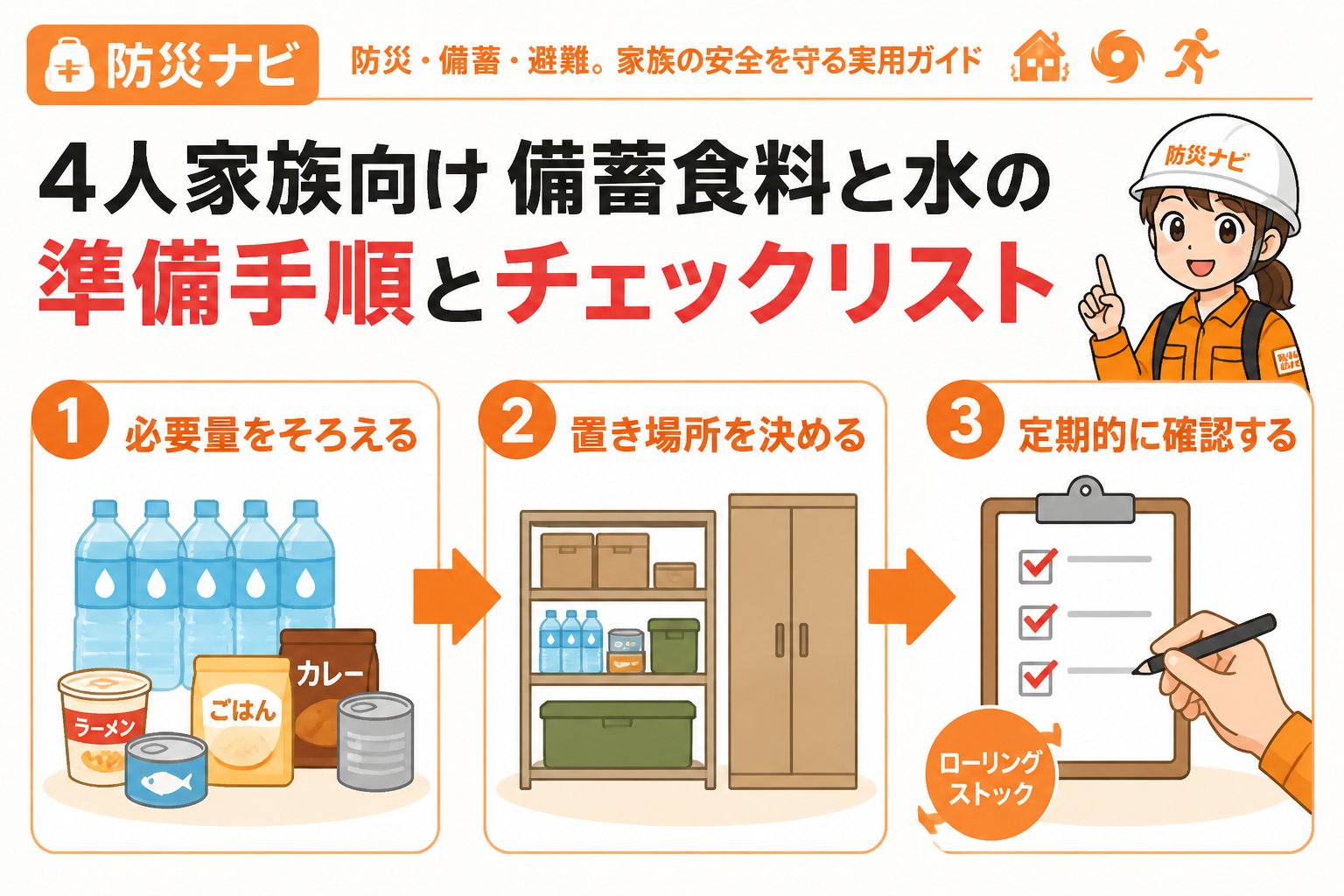 備蓄 4人家族向け備蓄食料と水の準備手順とチェックリスト