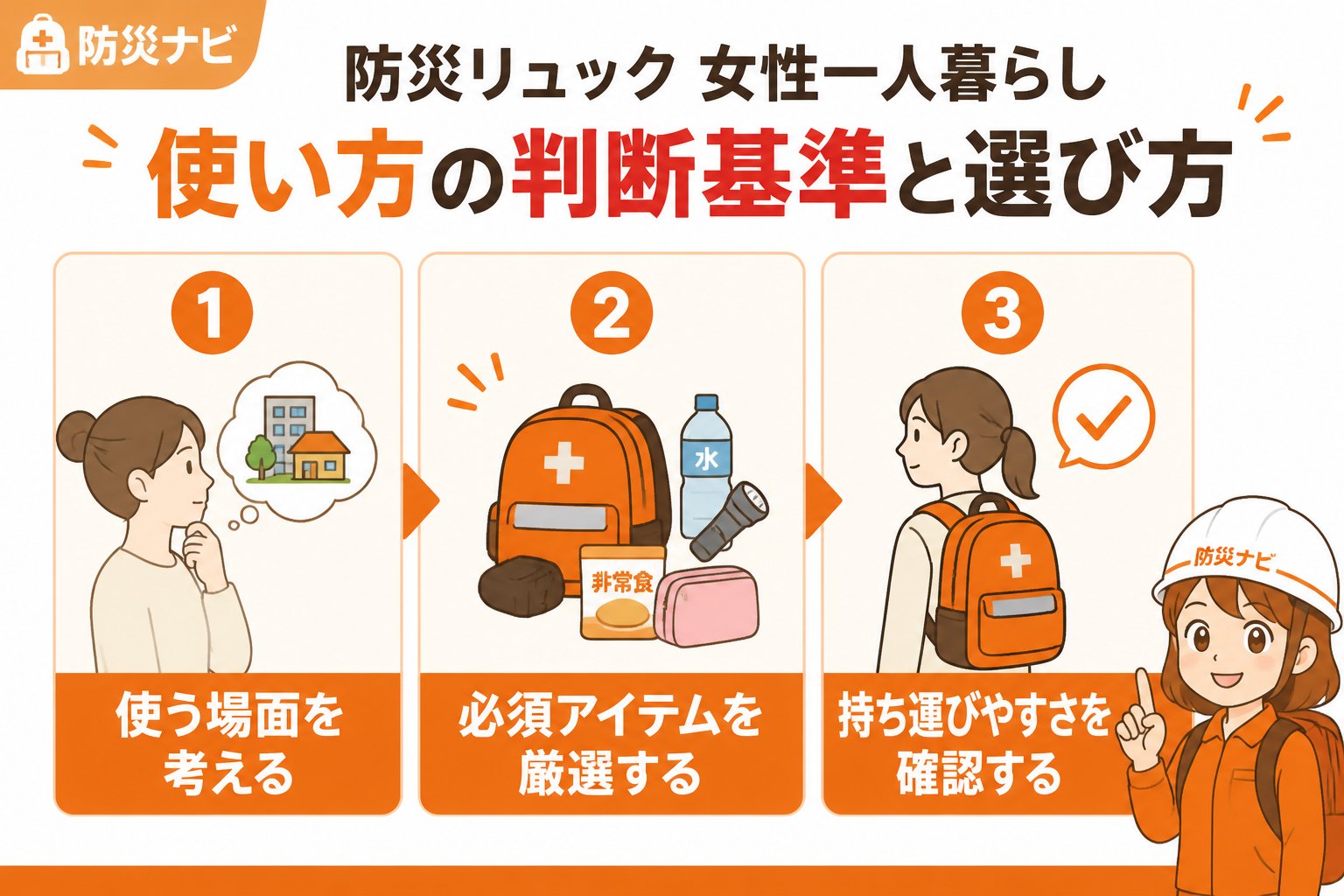 防災グッズ 防災リュック女性一人暮らし使い方の判断基準と選び方