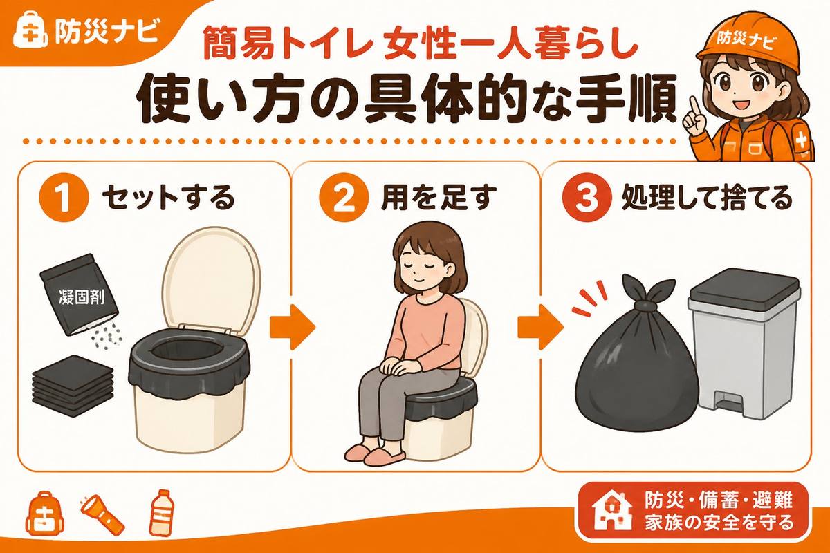 防災グッズ 簡易トイレ女性一人暮らし使い方の具体的な手順