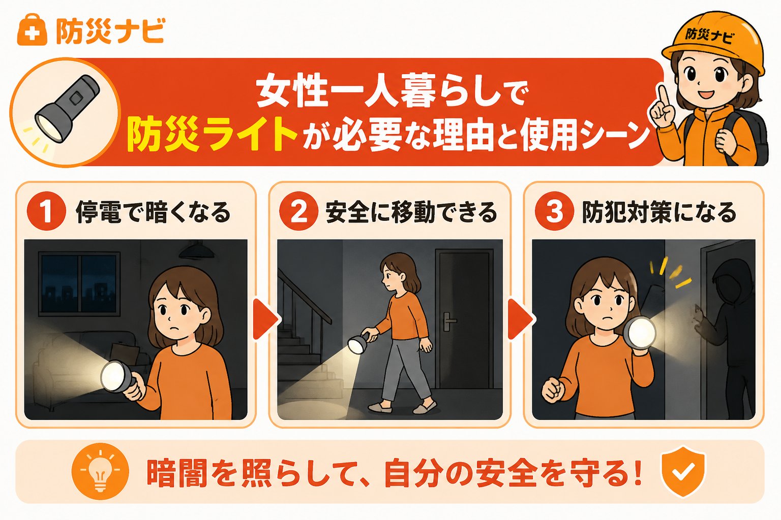 防災グッズ 女性一人暮らしで防災ライトが必要な理由と使用シーン