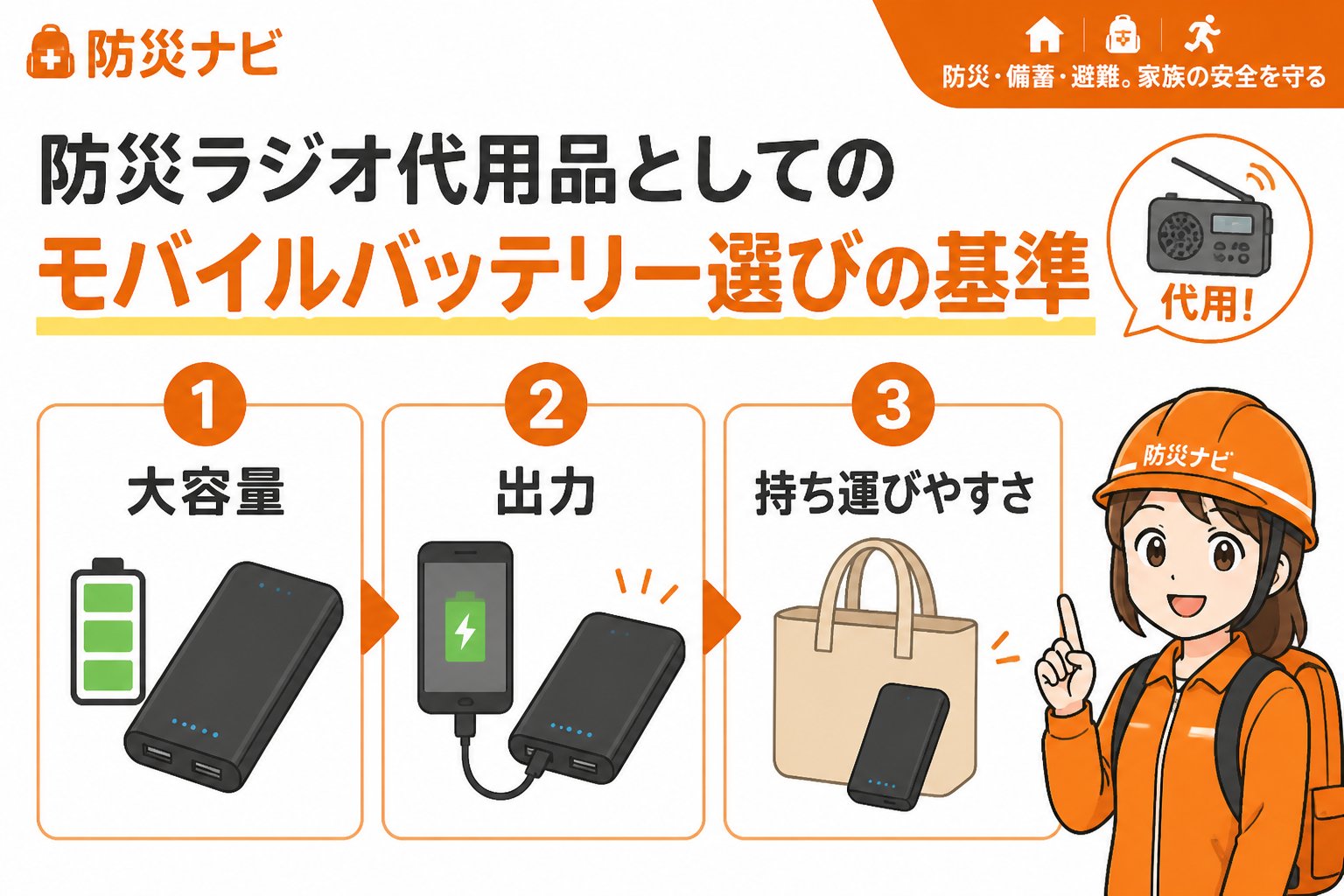 防災グッズ 防災ラジオ女性一人暮らし代用品としてのモバイルバッテリー選びの基準