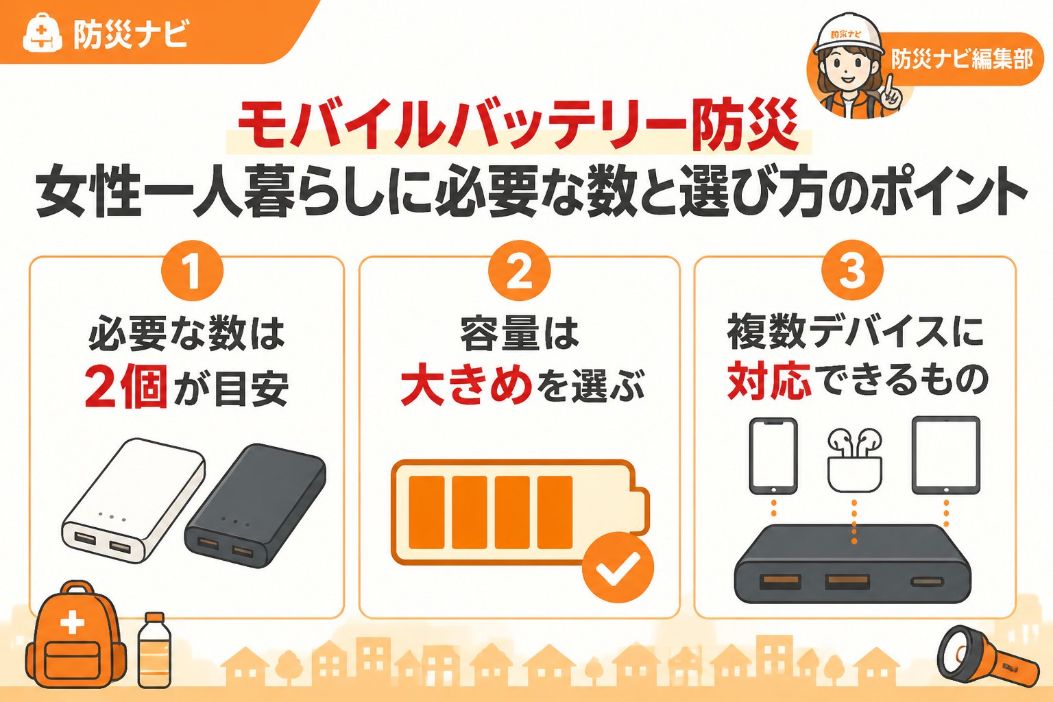 防災グッズ モバイルバッテリー防災女性一人暮らしに必要な数と選び方のポイント