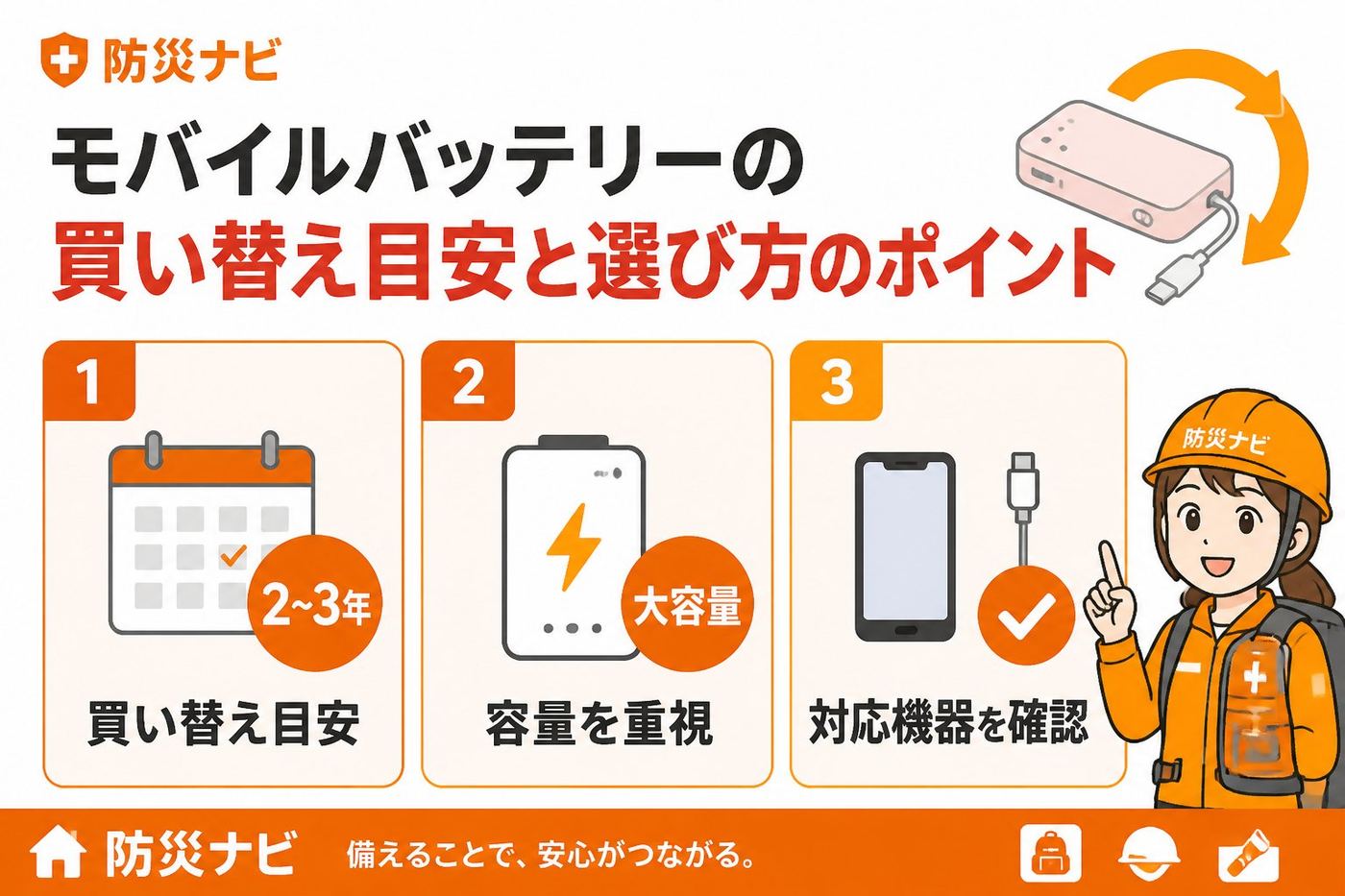 防災グッズ モバイルバッテリー防災女性一人暮らし買い替え目安と選び方のポイント