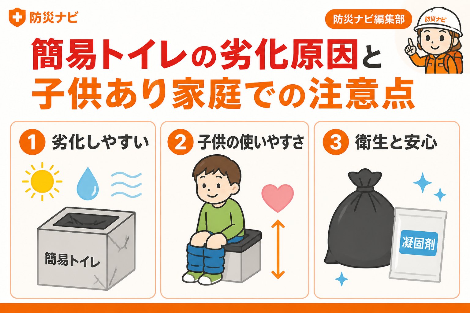 防災グッズ 簡易トイレの劣化原因と子供あり家庭での注意点