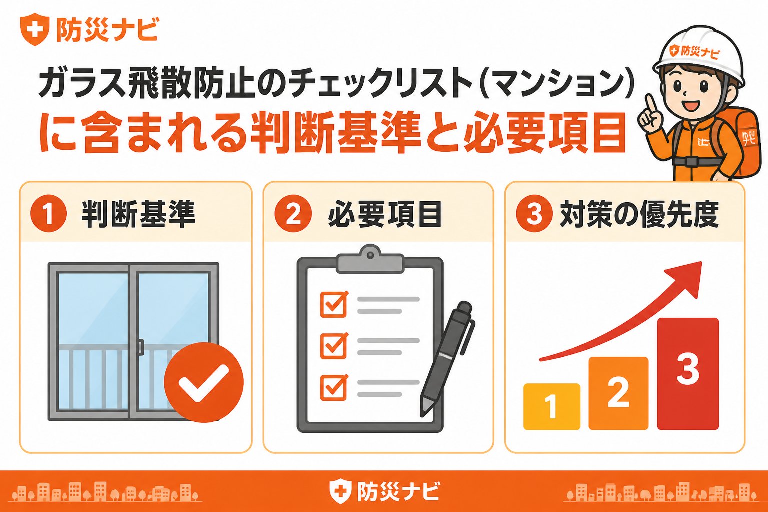 地震対策 ガラス飛散防止のチェックリスト（マンション）に含まれる判断基準と必要項目