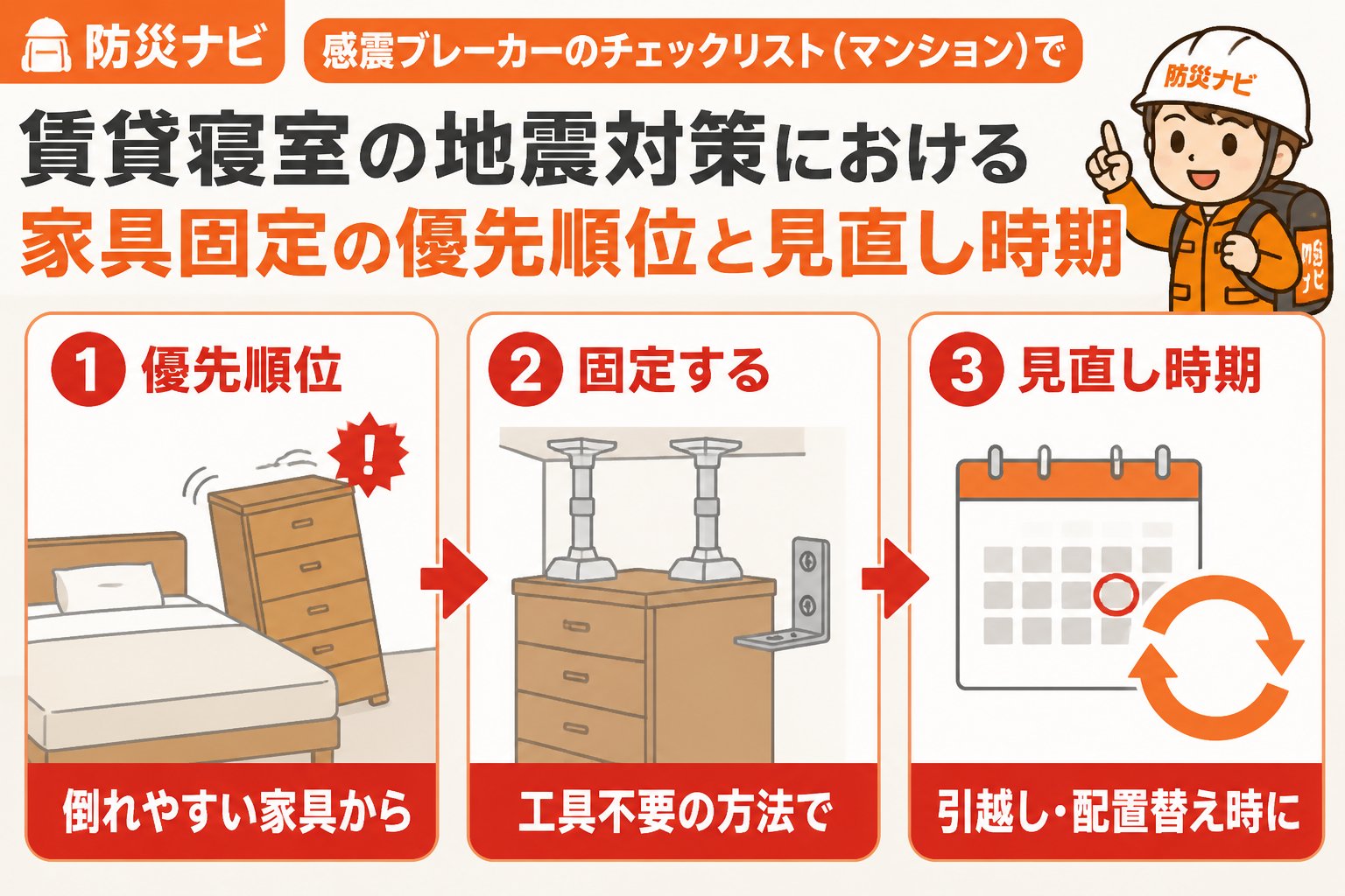 地震対策 賃貸寝室の地震対策における家具固定の優先順位と見直し時期